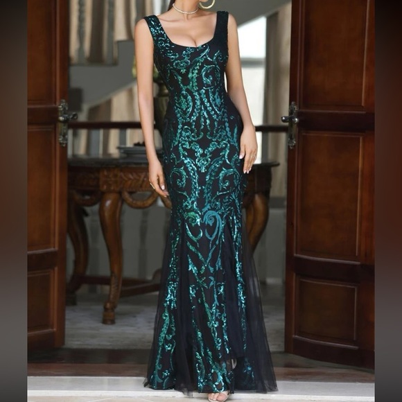 Luxe mermaid hem prom party formal mesh insert sequins gown dress - Picture 3 of 6